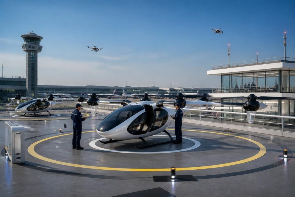 découvrez comment le groupe adp gère les vertiports pour accueillir le taxi volant adp directement sur le tarmac, innovant ainsi la mobilité urbaine aérienne.