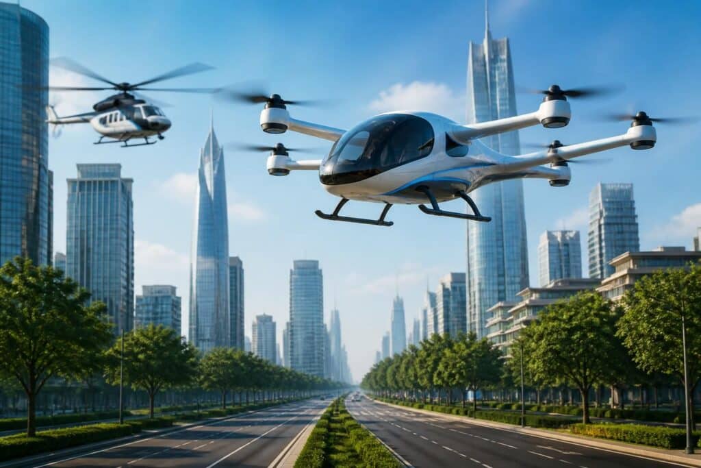 découvrez comment le drone taxi volant evtol remplace l'hélicoptère traditionnel pour réduire significativement la pollution sonore en milieu urbain.