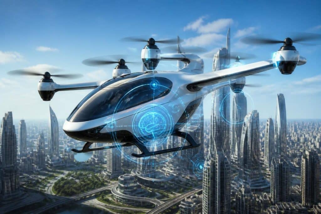 découvrez comment l'intelligence artificielle embarquée dans le taxi autonome volant evtol élimine l'erreur humaine pour garantir un transport sûr et efficace.