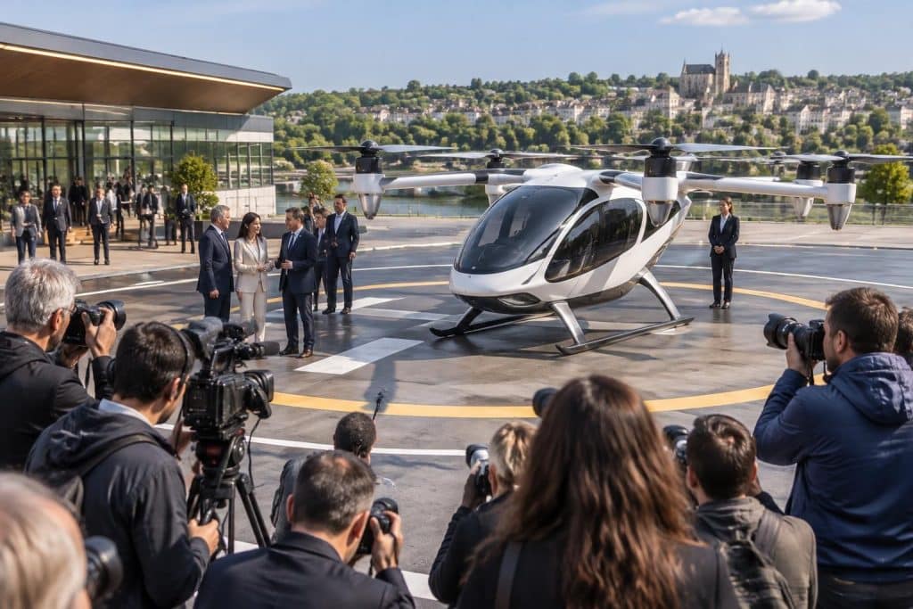 découvrez la couverture médiatique de l’inauguration du vertiport de pontoise, relayée par l’afp, et les enjeux des taxis volants pour le grand public.