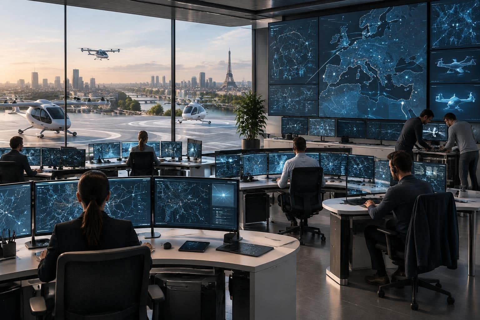 découvrez l’installation d’un centre de commandement centralisé conçu pour superviser le futur quartier général européen des taxis volants.