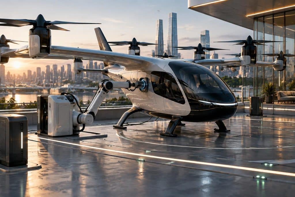 découvrez l’intégration d’un système de recharge autonome aux stations d’accueil de l’evtol eva, le taxi volant conçu pour faciliter la mobilité aérienne.